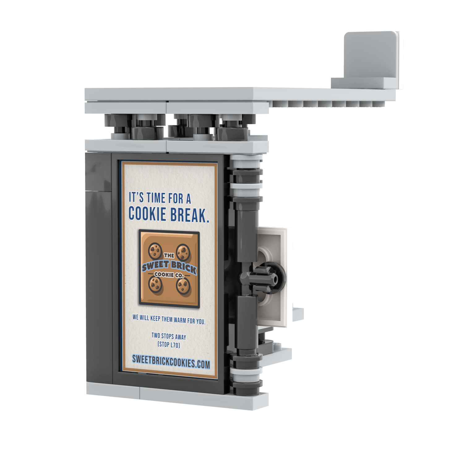 custom lego - bus stop with a cookie-themed advertisement on a black background